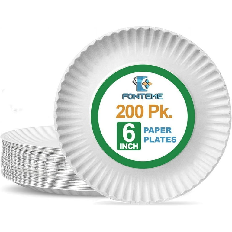 Fonteme 6 Inch Disposable Paper Plates 200 Count White Uncoated Microwavable Bulk Paper Plates Perfect for Everyday Meals Parties and