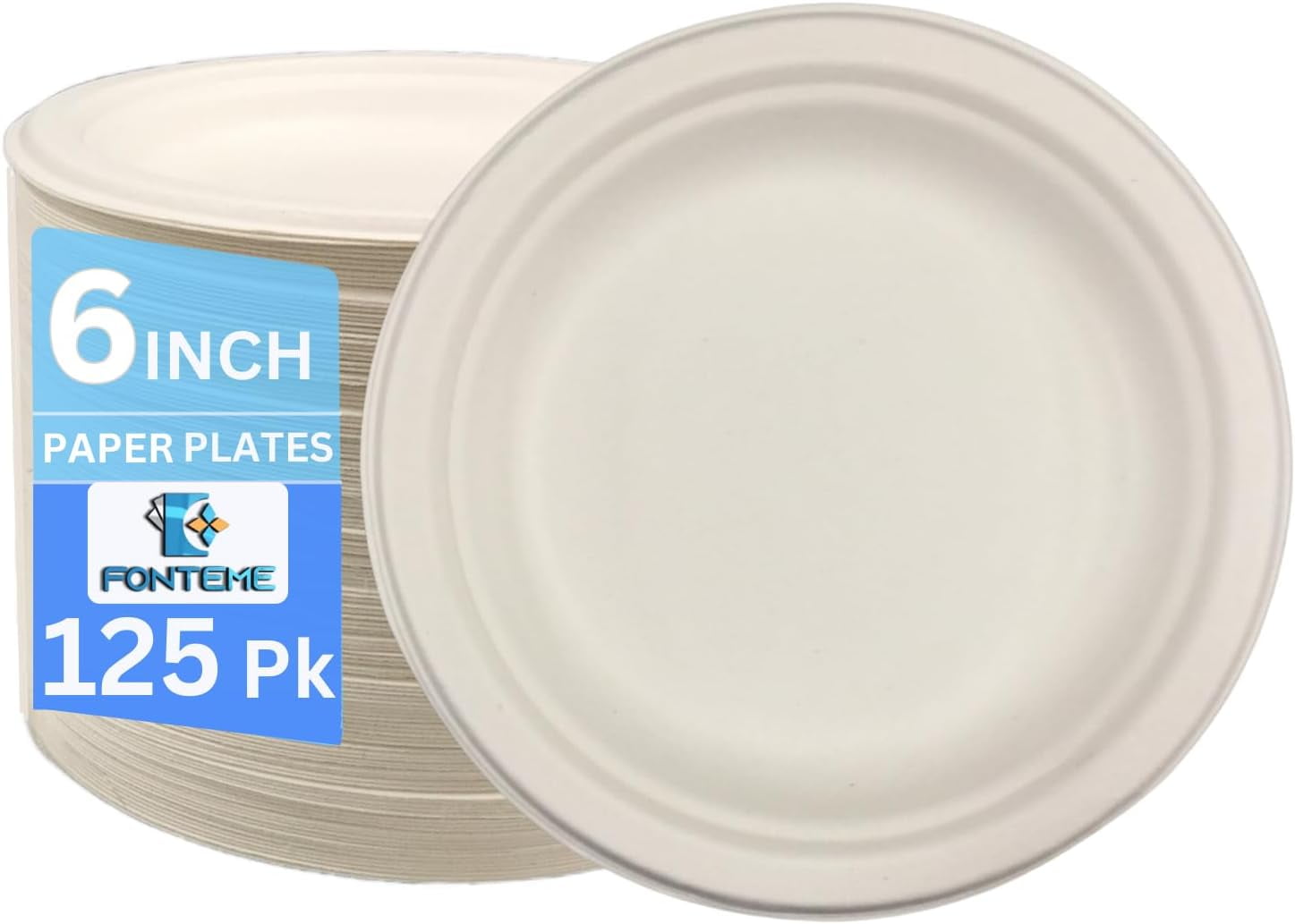 Fonteme 6inch Bagasse Biogradeble Plates 125 Count Compostable Dessert