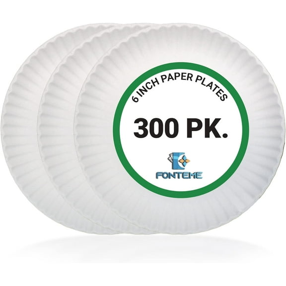 Fonteme Everyday Disposable - 6 Inch 300 Pack - Uncoated White Round Paper Plates Microwavable - Home and Office Use