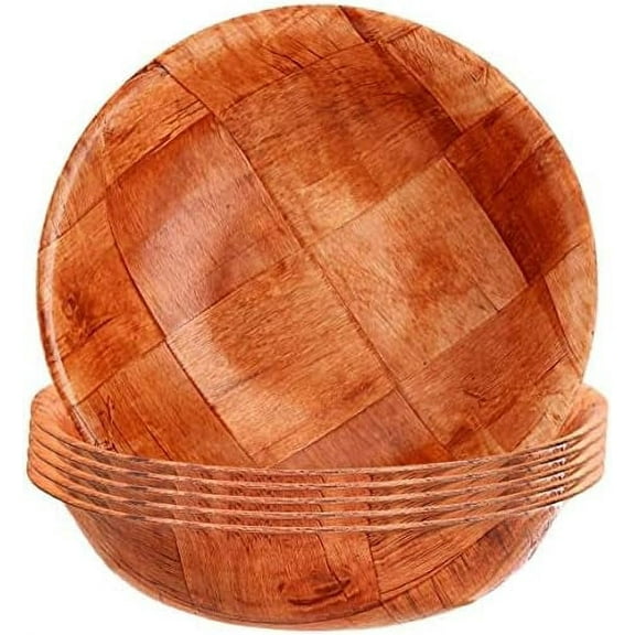 Fonteme|Winco Wooden Woven Salad Bowl, 10-Inch, Stackable Round Wood Serving Bowl, Great for salads, fruits, snacks, and more. set of 6