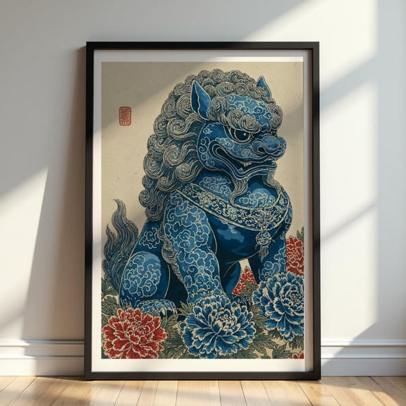 Foo Dog Poster, Chinese Guardian Lion Art, Blue Asian Wall Print, Traditional Decor, Poster Only
