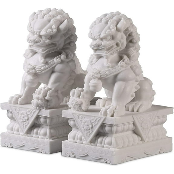 Foo Dogs Statues Pair Outdoor Large Jade White Marble Fu Dogs Statue Chinese Guardian Lions Feng Shui Decor for Home Office, Ward Off Evil Energy Housewarming Congratulatory Gift,20cm/7.87inch