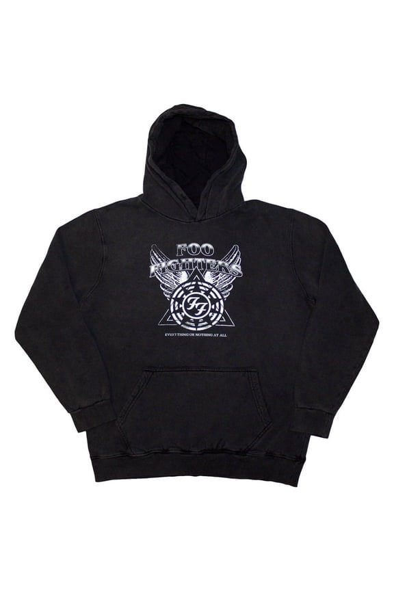 Foo Fighters Unisex Stone Wash Pullover Hoodie Sweatshirt Everything Or Nothing At All Logo (Charcoal Grey)