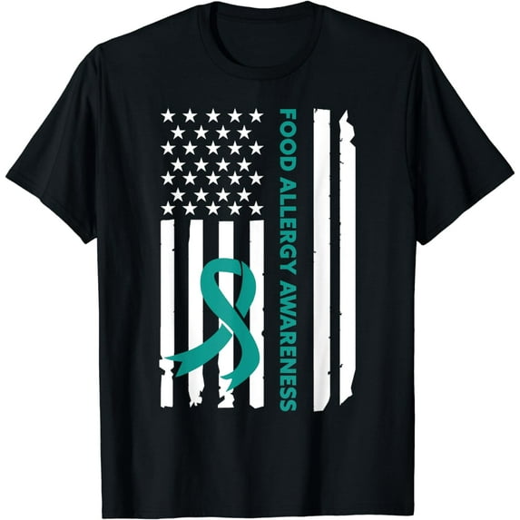 Food Allergy Awareness Month teal ribbon American flag T-Shirt