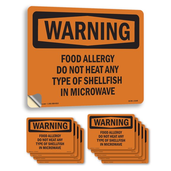 Food Allergy Do Not Heat Any Type Of Shellfish OSHA WARNING Vinyl Decal Label 10 Inch x 7 Inch - 10 Pack