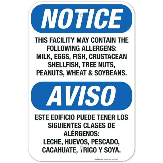 Food Allergy Notice Milk, Eggs, Fish, Crustacean, Nuts, Bilingual Sign, OSHA Notice Sign,