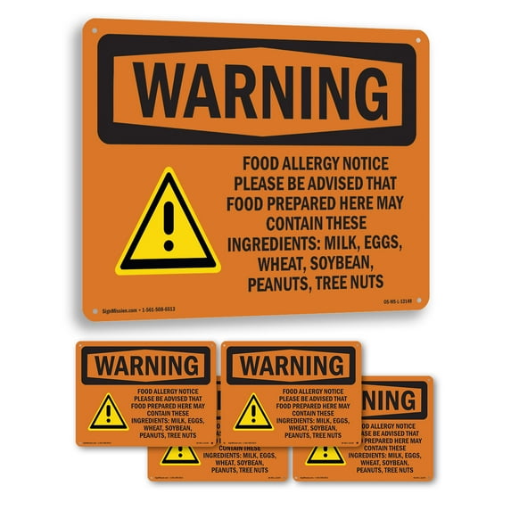 Food Allergy Notice Please Be With Symbol OSHA WARNING Rigid Plastic Sign 14 Inch x 10 Inch - 5 Pack