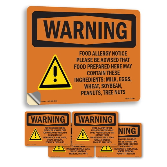Food Allergy Notice Please Be With Symbol OSHA WARNING Vinyl Decal Label 5 Inch x 3.5 Inch - 5 Pack