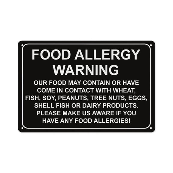 Food Allergy Warning Aluminum Metal Sign, 8x12 Inch Retro Restaurant Kitchen Wall Decor Plaque, Pre-Drilled for Easy Hanging, Allergy Awareness Sign