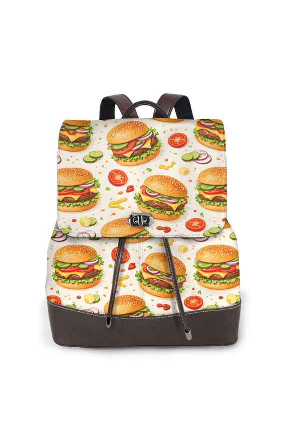 Food Burger Women's Leather Backpack All-Over Print Bag for Work and Travel