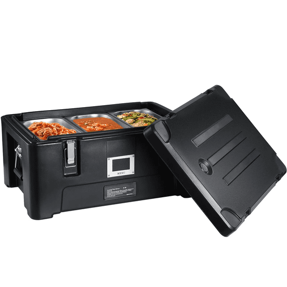 Food Carrier 36Qt Insulated Hot Box, 3 Stainless Pans, Stackable Catering Warmer with Handles & Buckles, Restaurant Canteen Food Delivery