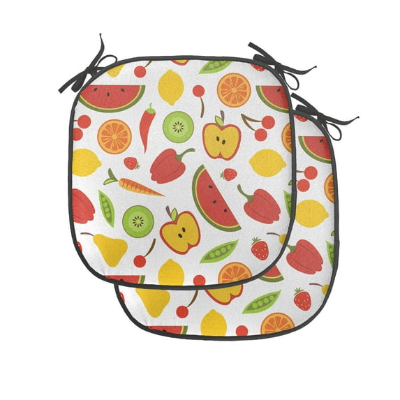 Food Chair Seating Cushion Set of 2, Cartoon Pattern of Pepper Apple Watermelon Kiwi Carrot Cherry Peas Orange Lemon, Seat Pads for Office with Anti-slip Backing, 16"x16", Multicolor, by Ambesonne