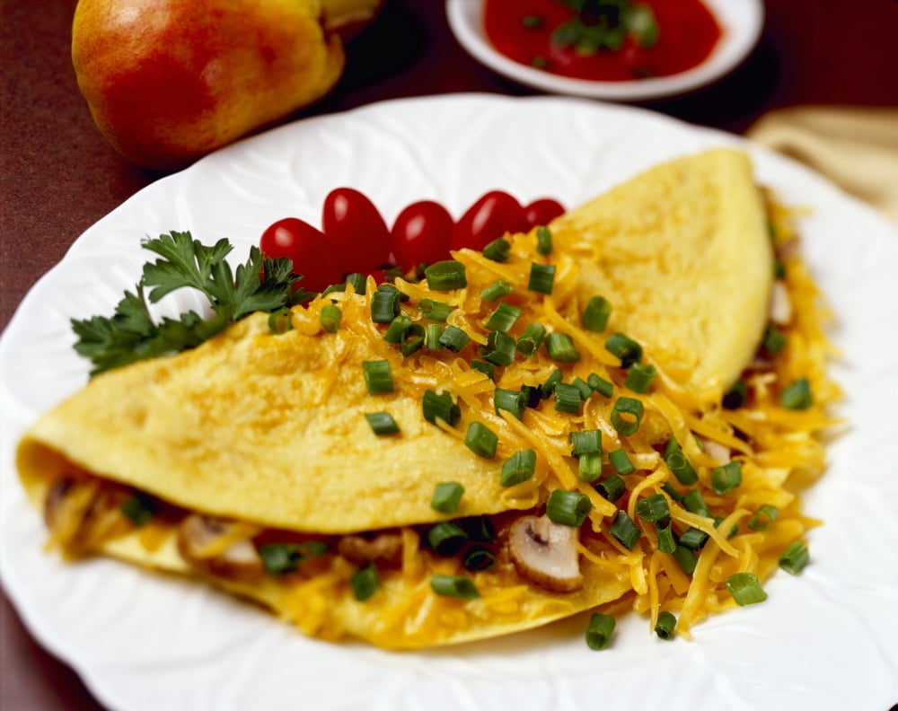 Food - Cheese and Mushroom Omelette garnished with chopped green onions (scallions) and pear tomatoes Canvas Art - Ed Young Design Pics (36 x 28)