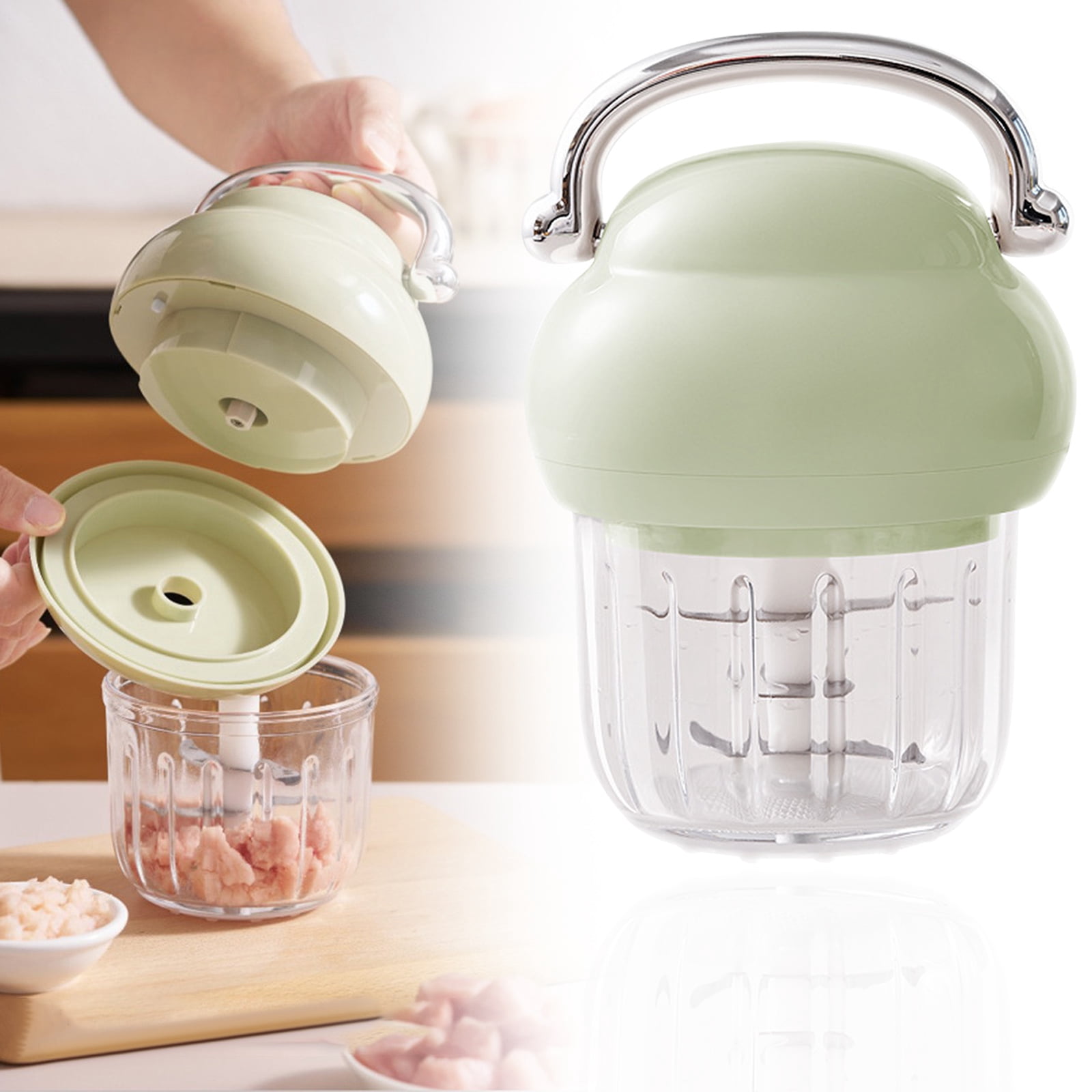 Food Chopper with Handle 350ml Grinder,Food Processor Small Meat Grinder,for Garlic Chili Meat Puree Vegetable Home Apartment Restaurant，6.85×4.72in，1PC (Green)
