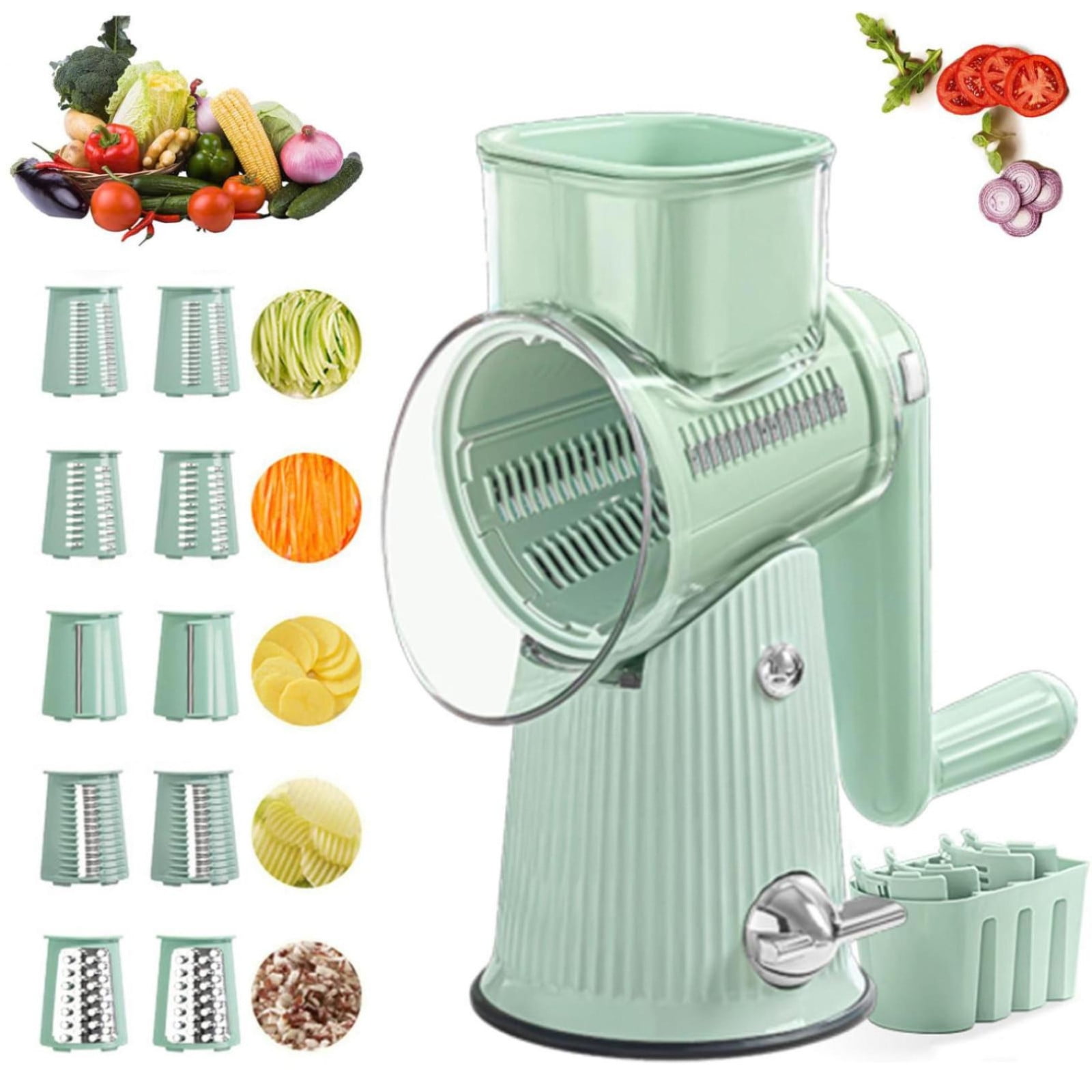 Food Chopper Manual Hand, 5 in 1 Cheese Grater, Replaceable Stainless Blades Cheese Shredder, Cheese Vegetable Slicer, Easy to Clean Kitchen Gadgets with Storage Box