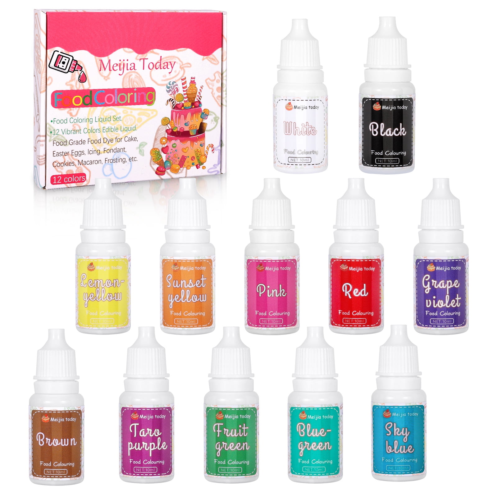 Food Coloring Liquid Set,12 Colors x 10ML Cake Food Coloring Set for Baking Cake Decorating Edible Food Grade Food Color Dye for Fondant,Macaron,Icing,Slime Making DIY Supplies Kit-0.35 Fl. oz/Bottles