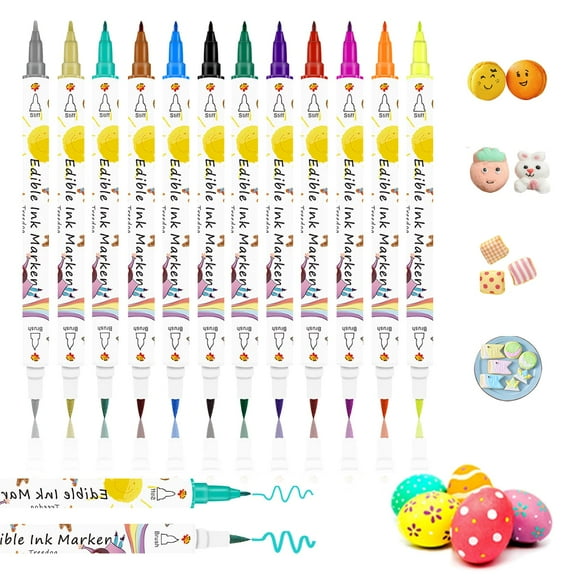Food Coloring Marker Pens,12Pcs Dual Sided Food MDH1Grade Markers with Fine&Thick Tip,Pen Gourmet Writers for Decorating Cake,Cookies,Fondant,Frosting,Easter Eggs,Painting,Drawing,Baking