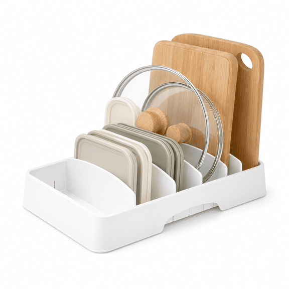 Food Container Lid Organizer, Adjustable Divider Stackable Kitchen Storage Rack, Cabinet Drawer Countertop Food Cover Plate Holder, Multi-Size Bowl Lid Utensil Sorting Shelf