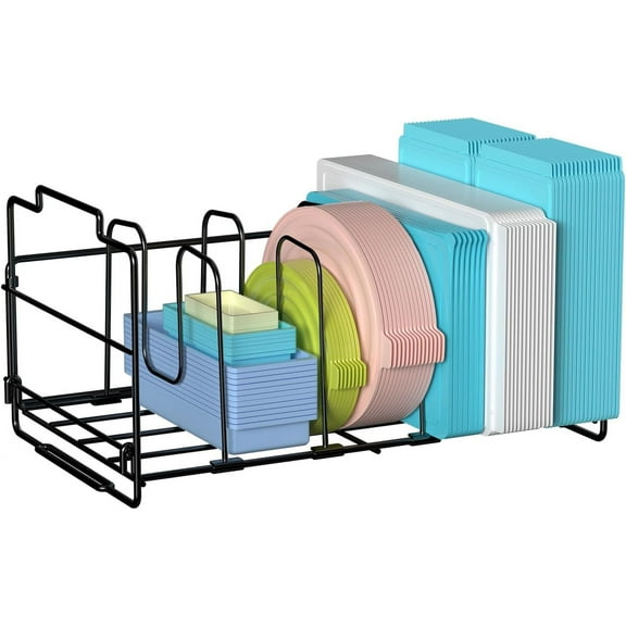 Food Container Lid Organizer, Large Capacity Adjustable 4 Dividers Detachable Lid Organizer Rack for Kitchen Cabinets, Drawers, Plastic Lid Organizer For Pantry Shelves, Cupboards, Black