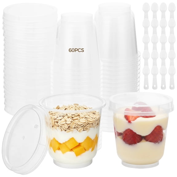 60 Pack Overnight Oats Containers with Lids and Spoons, 9.5 oz Yogurt Parfait Cups, Clear Disposable Dessert Cups for Pudding Fruit Snacks, Microwavable Freezer Safe Jars for Party Meal Prep