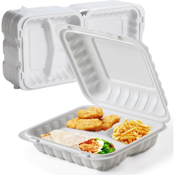 Food Containers 8" 34 oz 55 Pack - Mineral Filled PP Plastic 3 Compartment | Shrink Wrapped Food Grade BPA Free Clamshell | Reusable Dishwasher & Microwave Safe | White Commercial To Go Boxes