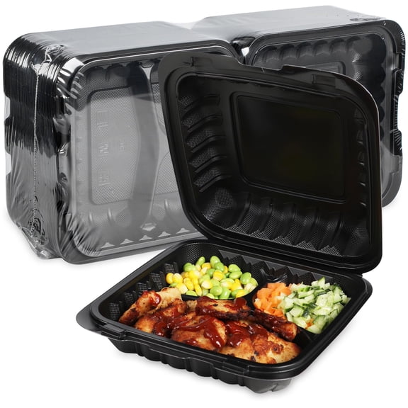 Food Containers Mineral Filled Pp 55 Pack - 8x8 34 Oz Shrink Wrap Bpa Free Plastic | Stackable Storage Clamshell Takeout Container Reusable Microwave Safe 3 Compartment Black Lunch Boxes