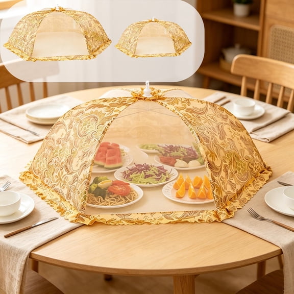 Food Cover Tent,Foldable Breathable Mesh Floral Pattern Food Protector Frame Supported Dome Organizer,Bug Dust Resistant Screen For Dining Picnic Outdoor Meal Layout(Yellow)
