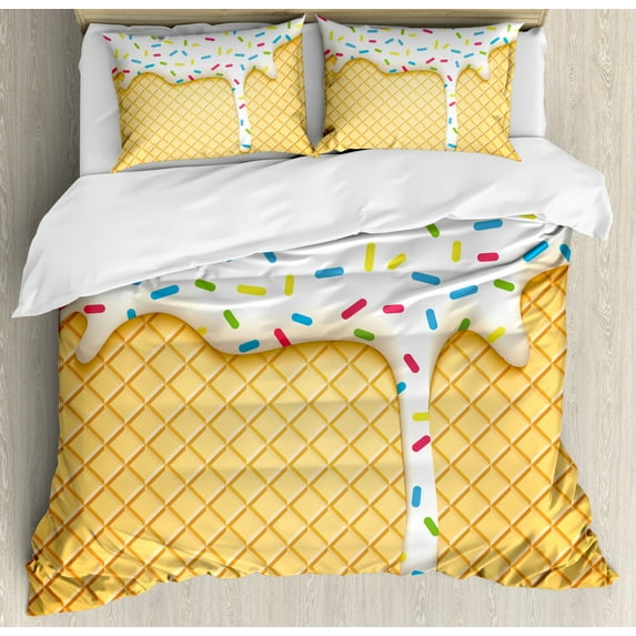 Food Decor King Size Duvet Cover Set, Cartoon like Image of and Melting Ice Cream Cones Colored Sprinkles Art Print, Decorative 3 Piece Bedding Set with 2 Pillow Shams, Multicolor, by Ambesonne