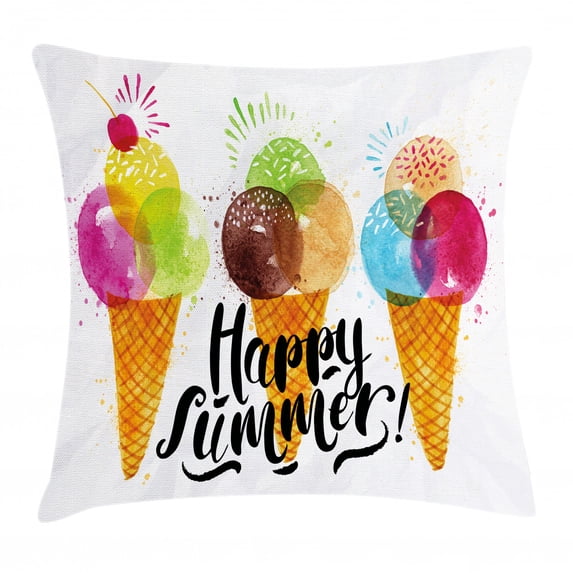 Food Decor Throw Pillow Cushion Cover, Cute Print of Ice Cream Cones and Fruit Milk Dessert for Kids Sequal Artwork, Decorative Square Accent Pillow Case, 18 X 18 Inches, Multicolor, by Ambesonne