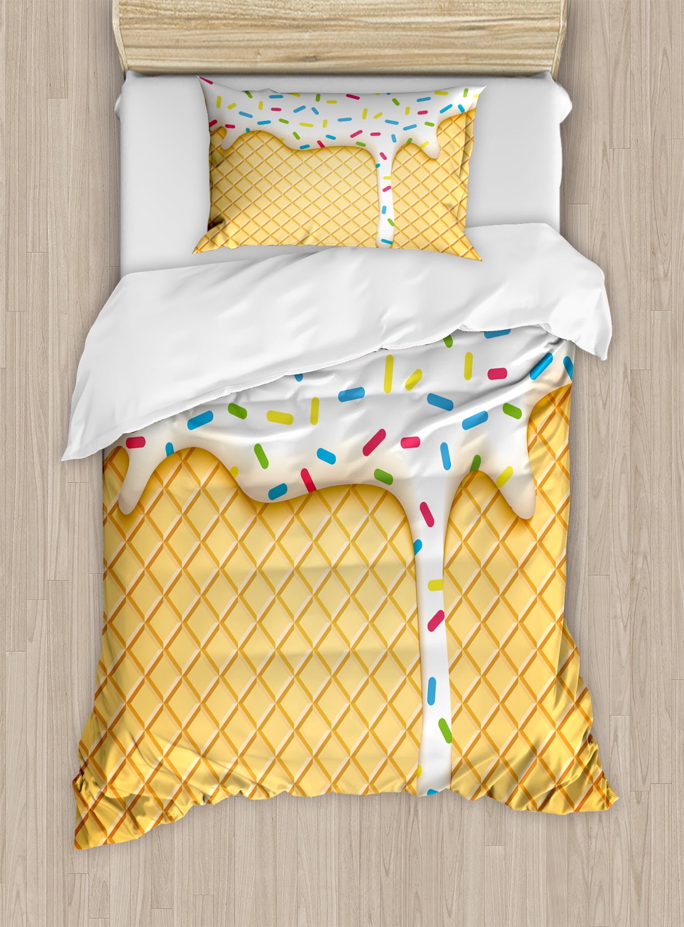 Twin Yellow Ice Cream Print Microfiber Duvet Set