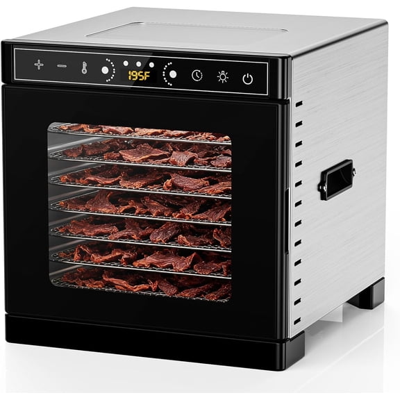 Food Dehydrator, 8 Stainless Steel Trays Dryer with Visible Skylight and Built-in Lighting, 195F Dehydrated for Jerky, Pet Treats, Herbs, Meat, Fruit Yogurt, Silver