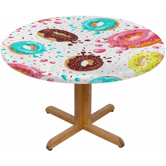 Food Dessert Round Table Cloth Pink Chocolate Lemon Blue Mint Glaze Falling Donuts Elastic Edged Table Cover Fade And Stain Resistant Table Cloths Easy To Clean Fits Tables 40-44" Diameter