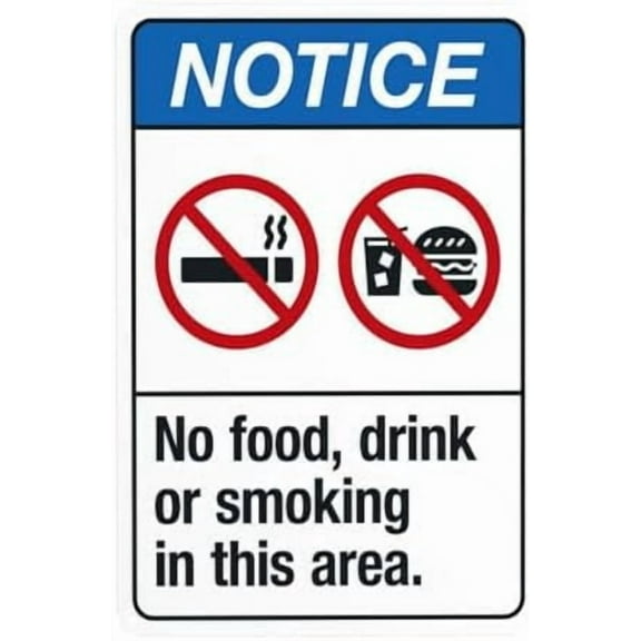No Food, Drink Or Smoking In This Area Warning Sign, Door Metal Signs for Business Home Outdoor Indoor Road Yard Garage Street Wall Caution Custom Decor 8 x 12 Inch