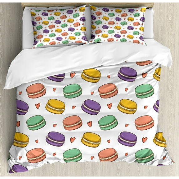 Food Duvet Cover Set, Colorful Macarons Cookies Pattern Along Hearts Modern Confectionery Theme, Decorative 3 Piece Bedding Set with 2 Pillow Shams, King Size, Orange and Multicolor, by Ambesonne