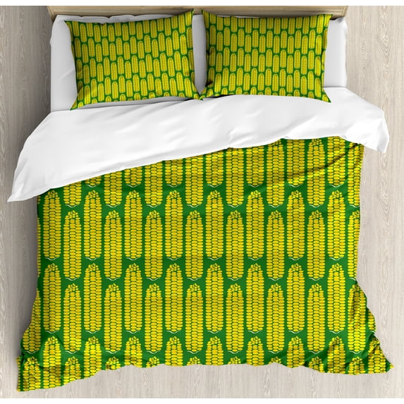 Food Duvet Cover Set, Geometric Style Corns Pattern Happiness Harvest Eat Vegetable Healthy, Decorative 3 Piece Bedding Set with 2 Pillow Shams, King Size, Earth Yellow and Green, by Ambesonne