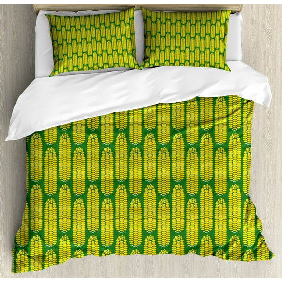 Food Duvet Cover Set, Geometric Style Corns Pattern Happiness Harvest Eat Vegetable Healthy, Decorative 3 Piece Bedding Set with 2 Pillow Shams, Queen Size, Earth Yellow and Green, by Ambesonne