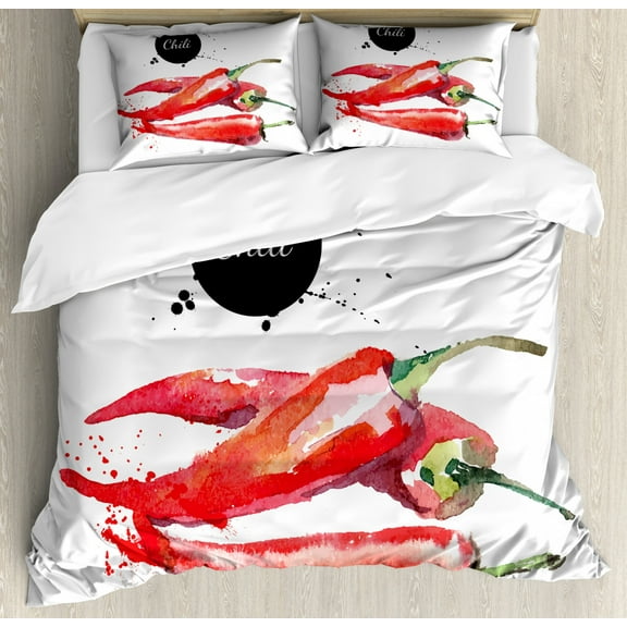Food Duvet Cover Set King Size, Hand Drawn Watercolor Illustration of Chili Pepper Spicy Ingredient, Decorative 3 Piece Bedding Set with 2 Pillow Shams, Fern Green Vermilion Black, by Ambesonne