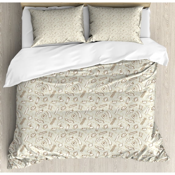 Food Duvet Cover Set Queen Size, Italian Traditional Pasta Pattern Sketch Tasty Cuisine Culture Print, Decorative 3 Piece Bedding Set with 2 Pillow Shams, Eggshell Ivory Brown Khaki, by Ambesonne