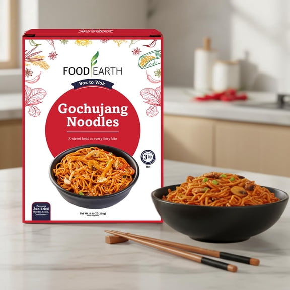 Food Earth Gochujang Spicy Korean Noodles | Stir Fry Noodles for Wok Chow Mein Lo Mein | Non Sticky Quick Cook Noodles | Authentic Korean Flavor, Easy Meal Kit | 250g