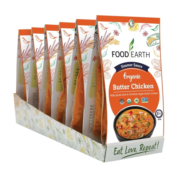 Food Earth - Organic Butter Chicken Simmer Sauce, 100% Organic, Vegan, Gluten-Free, Heat & Serve, Curry or Marinade Base, 12-Pack (5.29 oz Each) Shelf-Stable Indian Cooking Sauce
