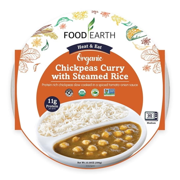 Food Earth - Organic Chickpeas Curry with Steamed Rice Ready to Eat Indian Meal , 100% Organic, Vegan, Gluten-Free, Heat & Serve,10.58 oz, Shelf Stable