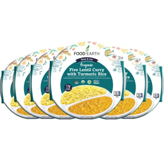 Food Earth - Organic Five Lentil Curry with Turmeric Rice Ready to Eat Indian Meal , 100% Organic, Vegan, Gluten-Free, Heat & Serve,10.58 oz, 6 units Shelf Stable