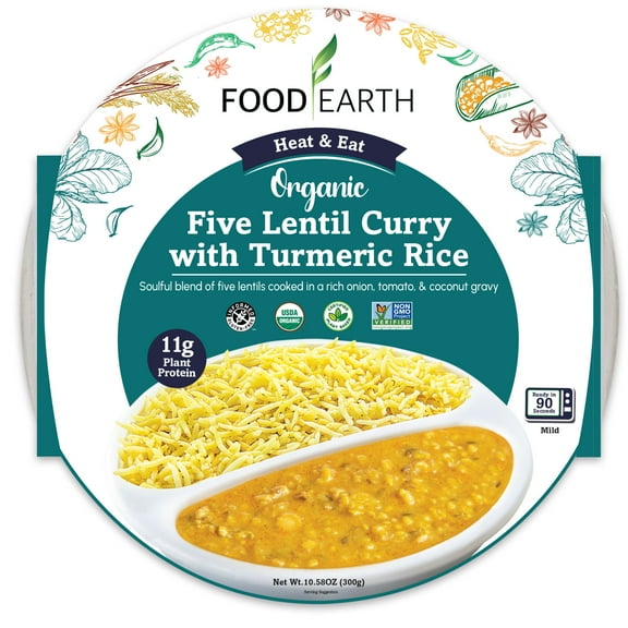 Food Earth - Organic Five Lentil Curry with Turmeric Rice Ready to Eat Indian Meal , 100% Organic, Vegan, Gluten-Free, Heat & Serve,10.58 oz, Shelf Stable