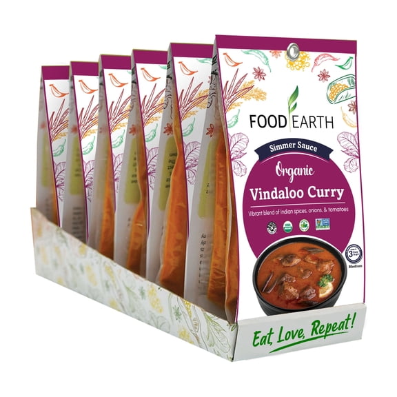 Food Earth - Organic Vindaloo Curry Simmer Sauce, 100% Organic, Vegan, Gluten-Free, Heat & Serve, Curry or Marinade Base, 12-Pack (5.29 oz Each) Shelf-Stable Indian Cooking Sauce