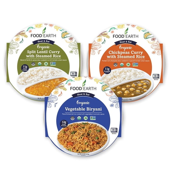 Food Earth Ready to Eat Indian Cuisine  Split Lentil Curry, Chickpeas Curry with Steamed Rice & Vegetable Biryani  100% Organic, Vegan, Gluten-Free, Heat & Serve,10.58 oz, 3 units Shelf Stable