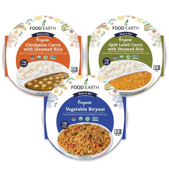 Food Earth Ready to Eat Indian Cuisine Split Lentil Curry, Chickpeas Curry with Steamed Rice & Vegetable Biryani 100% Organic, Vegan, Gluten-Free, Heat & Serve,10.58 oz, 3 units Shelf Stable