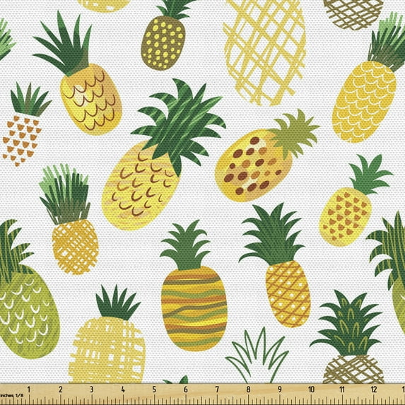 Ambesonne Food Fabric by the Yard Upholstery, Cartoon Fruits Pineapples, 3 Yards, Multicolor