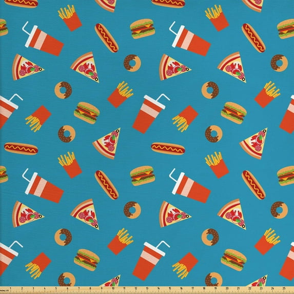 Ambesonne Food Fabric by the Yard Upholstery, Delicious Doodle of Junk Food, 3 Yards, Sea Blue Multicolor