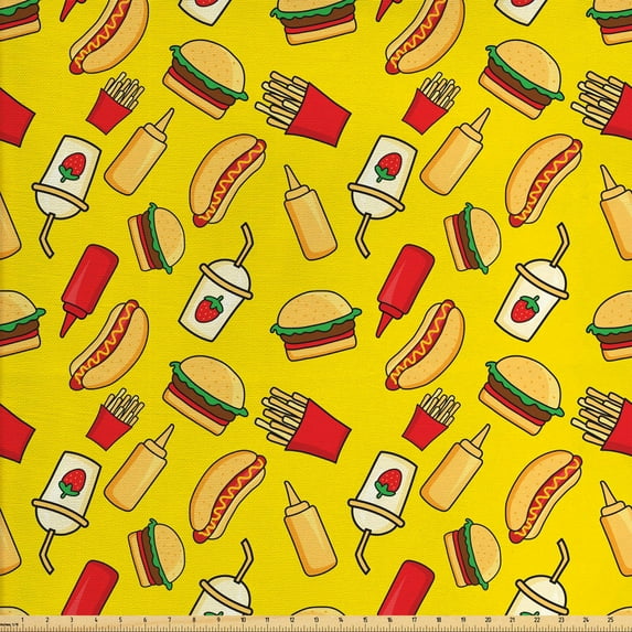 Food Fabric by the Yard, Funny Cartoonish Fast Food with Fries Hot Dog Hamburger Strawberry Milkshake, Decorative Upholstery Fabric for Sofas and Home Accents, Yellow Multicolor by Ambesonne