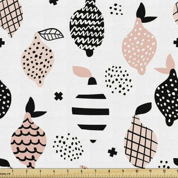 Ambesonne Food Fabric by the Yard Upholstery, Pastel Sketchy Lemons Motif, 5 Yards, Blush Charcoal Grey and White